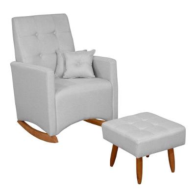 Poltrona De Amamentação E Descanso Anne Com Base Balanço E Puff Linho Cinza - Desk Design