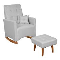 Poltrona De Amamentação E Descanso Anne Com Base Balanço E Puff Linho Cinza - Desk Design - 1