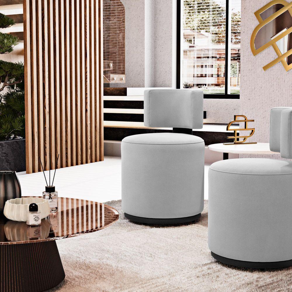 Kit 02 Puffs Decorativos Orgânicos Melis Veludo Cinza Claro Sintético Preto - Desk Design - 2