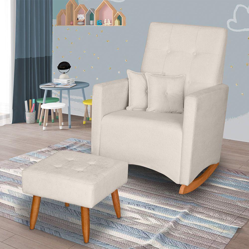 Poltrona De Amamentação E Descanso Anne Com Base Balanço E Puff Bouclé Off White - Desk Design - 2