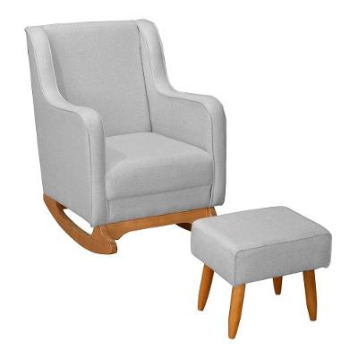 Poltrona De Amamentação E Descanso áquilla Com Base Balanço E Puff Linho Cinza - Desk Design