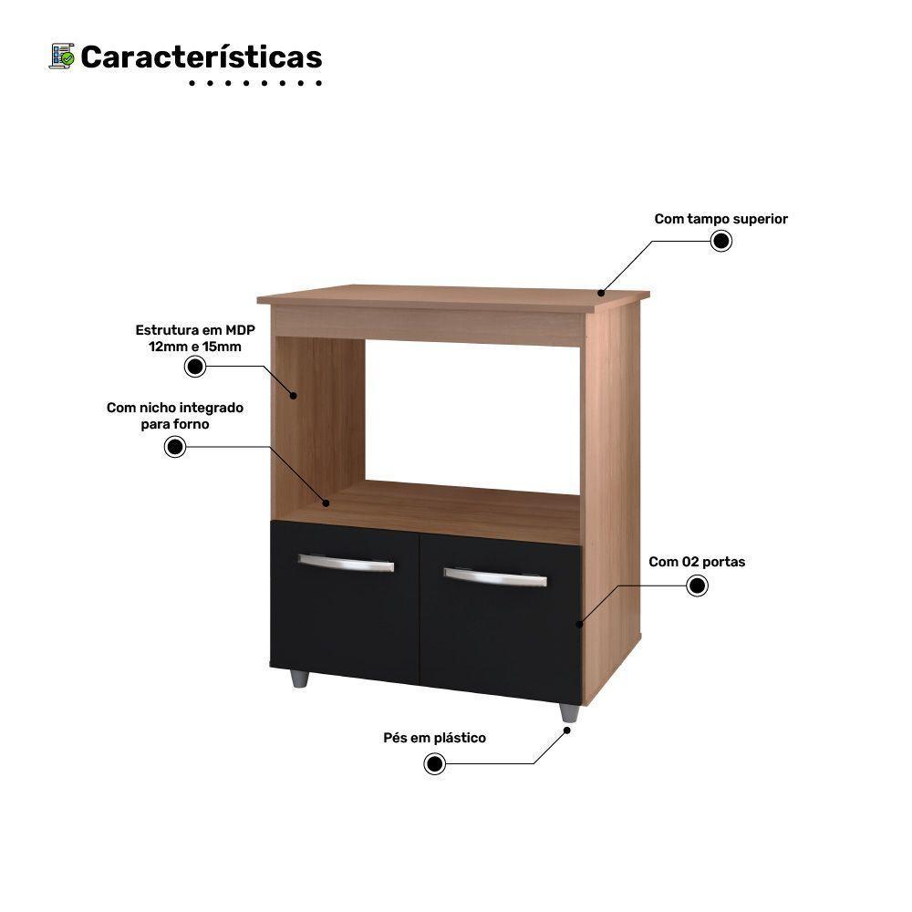 Balcão Cozinha Para Forno Micro-ondas Multiuso Angel 02 Portas Savana Preto - Desk Design - 5