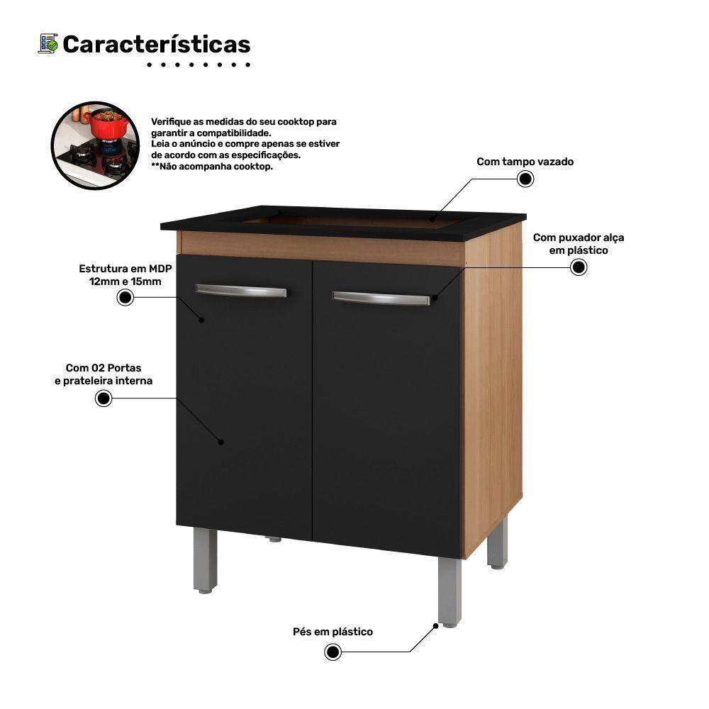 Balcão Para Cooktop Jady 70cm 02 Portas Com Tampo Recortado Savana Preto - Desk Design - 3