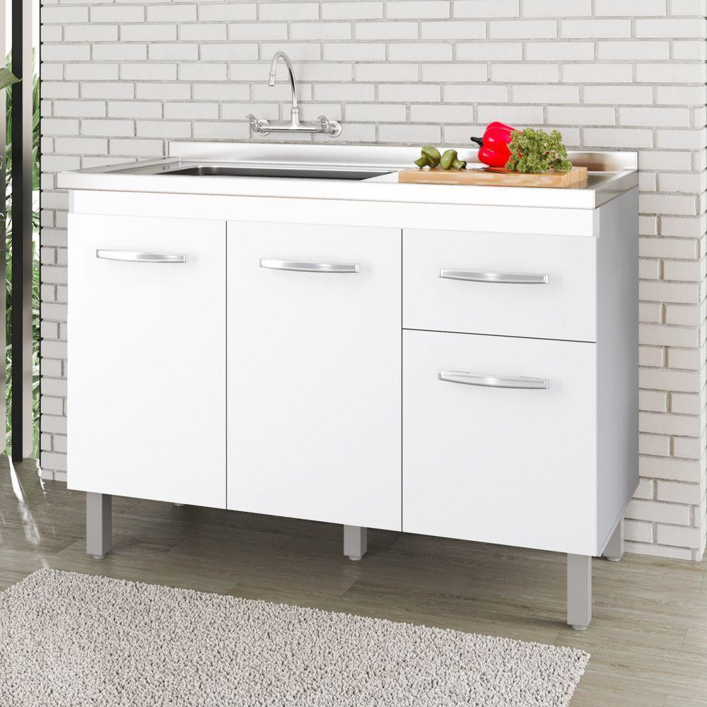 Balcão Gabinete Para Pia Anyta 118cm 03 Portas Sem Tampo Branco - Desk Design - 2