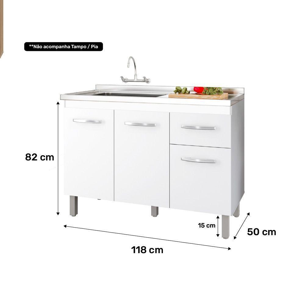 Balcão Gabinete Para Pia Anyta 118cm 03 Portas Sem Tampo Branco - Desk Design - 4