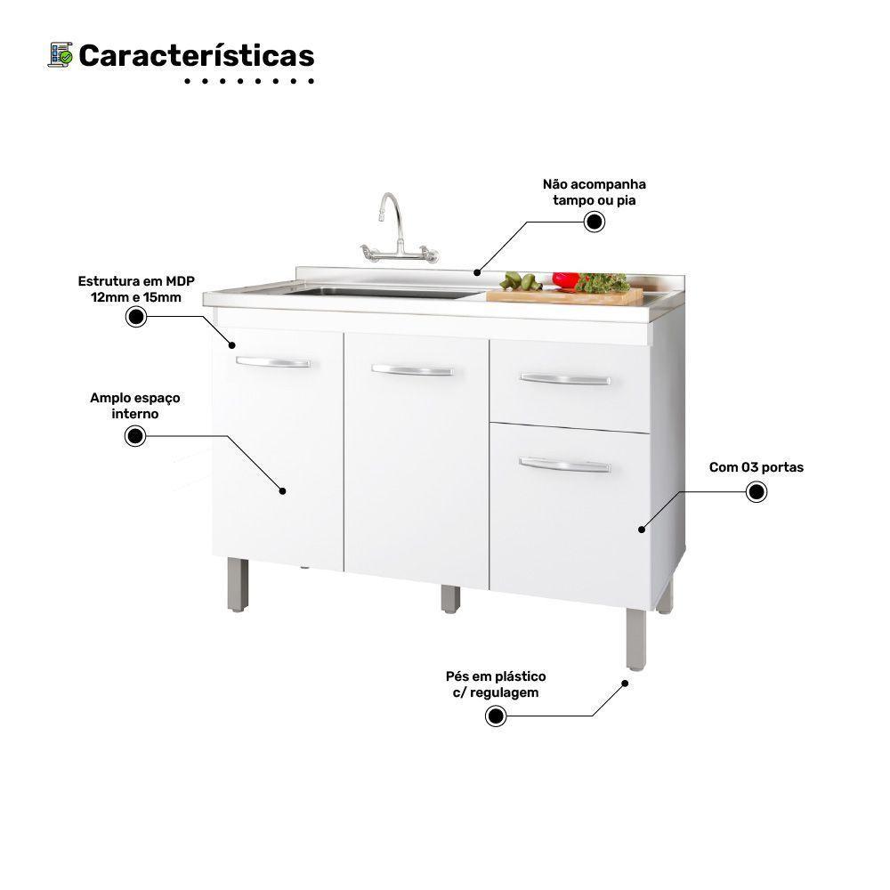 Balcão Gabinete Para Pia Anyta 118cm 03 Portas Sem Tampo Branco - Desk Design - 5