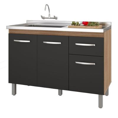 Balcão Gabinete Para Pia Anyta 118cm 03 Portas Sem Tampo Savana Preto - Desk Design