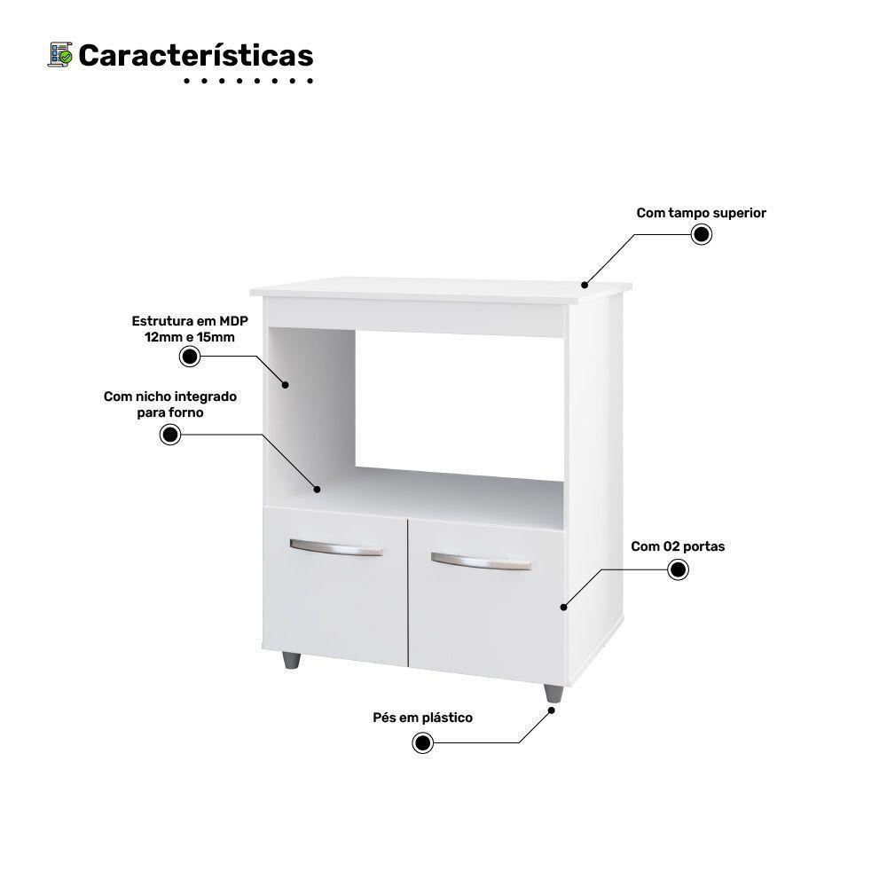 Balcão Cozinha Para Forno Micro-ondas Multiuso Angel 02 Portas Branco - Desk Design - 5