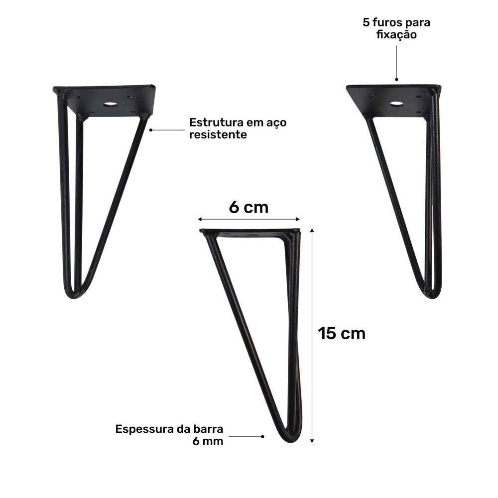 Kit 06 Pés Hairpin Legs 15cm Aramado De Aço Triplo Para Móveis E Estofados - Desk Design - 2