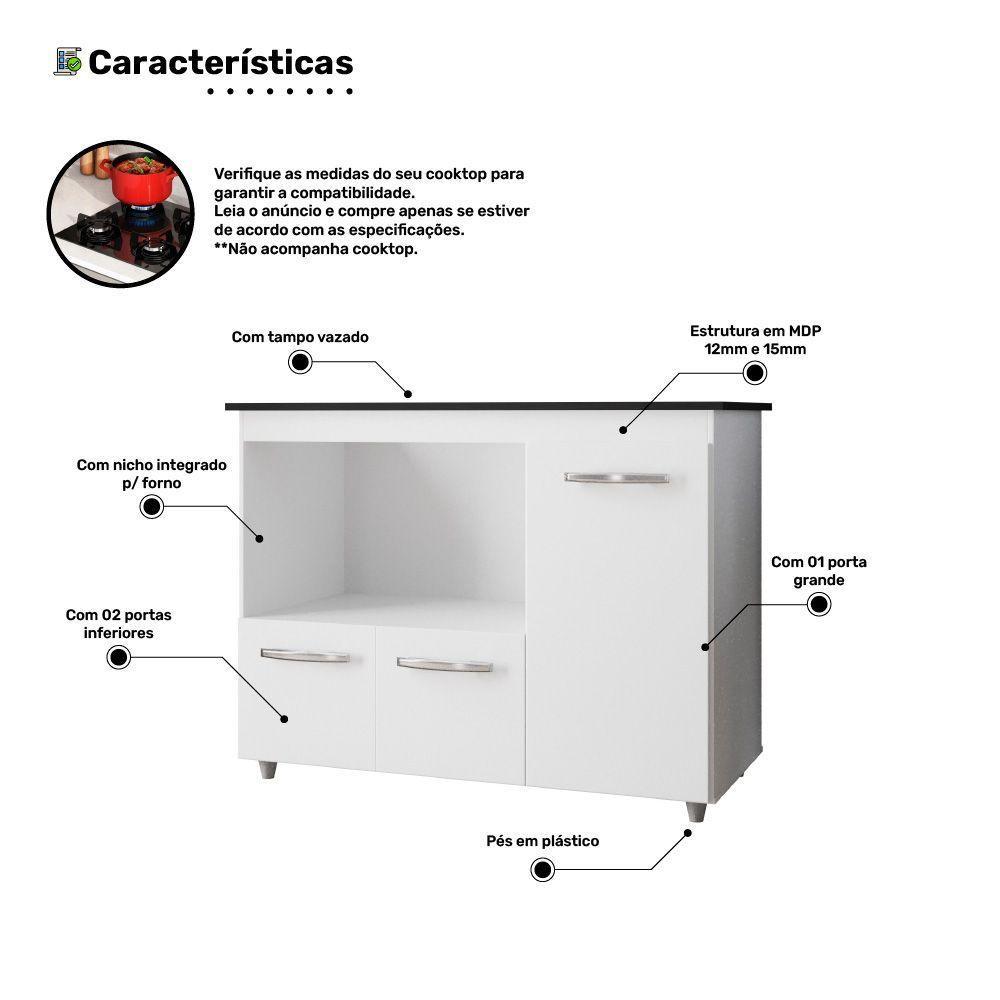 Balcão Para Cooktop Anna 114cm 03 Portas Com Tampo Recortado Branco - Desk Design - 5