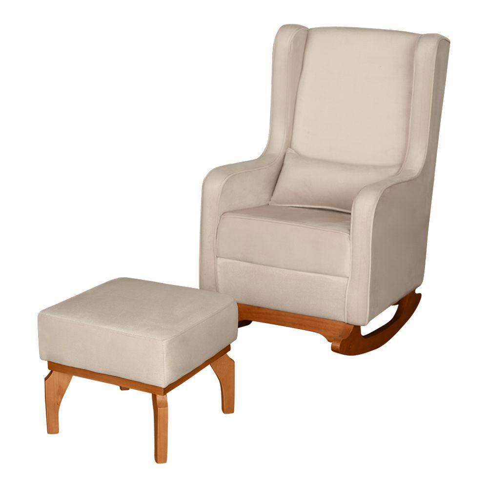 Poltrona De Amamentação E Descanso Renata Com Base Balanço E Puff Veludo Bege - Desk Design - 1