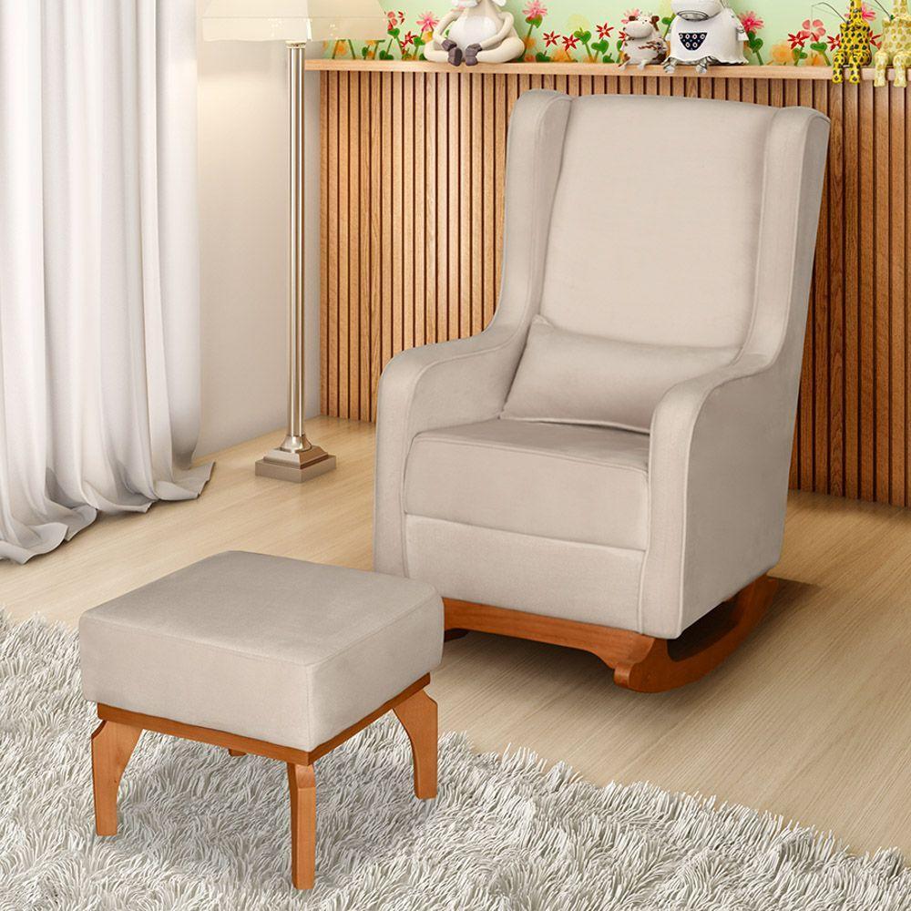Poltrona De Amamentação E Descanso Renata Com Base Balanço E Puff Veludo Bege - Desk Design - 2