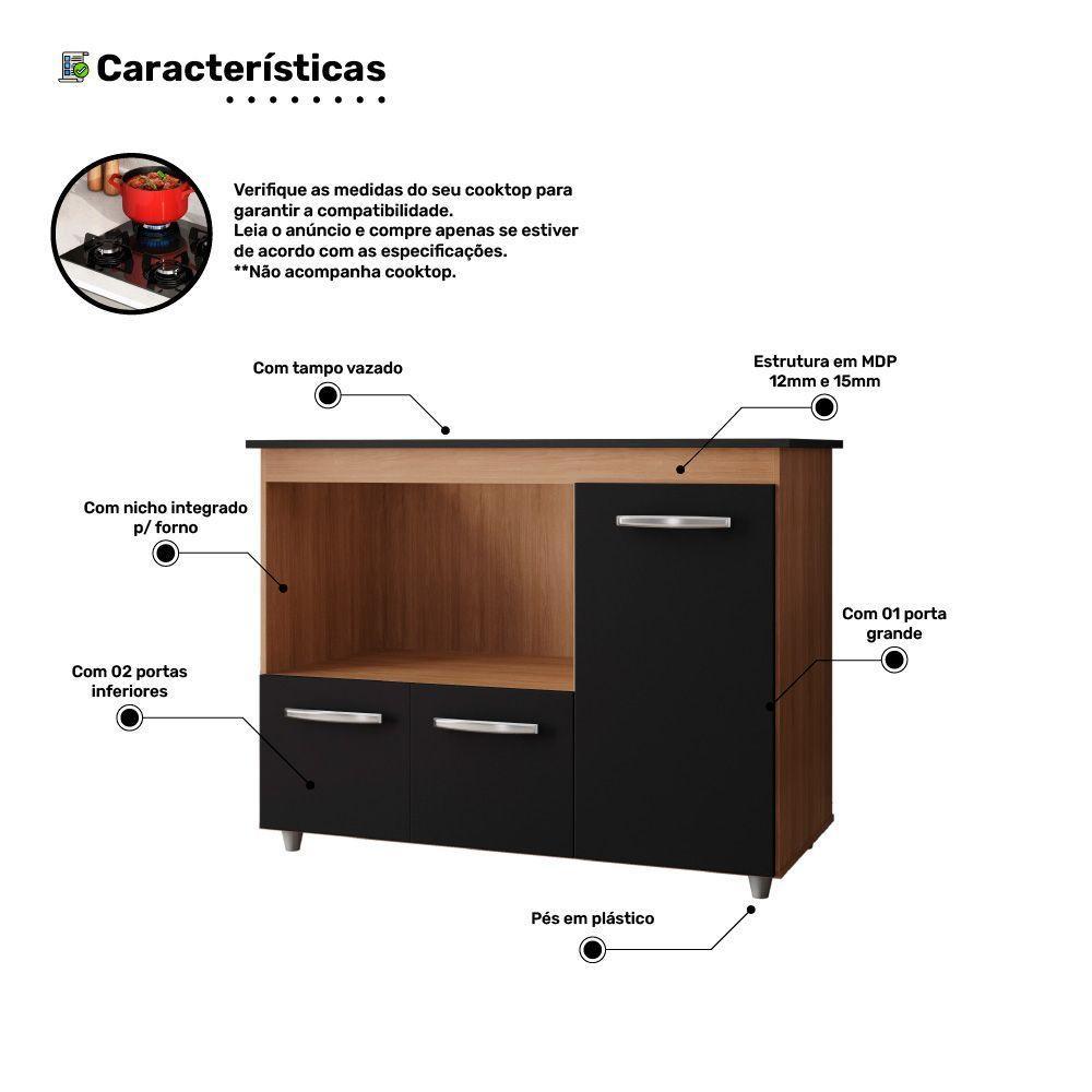 Balcão Para Cooktop Anna 114cm 03 Portas Com Tampo Recortado Savana Preto - Desk Design - 5
