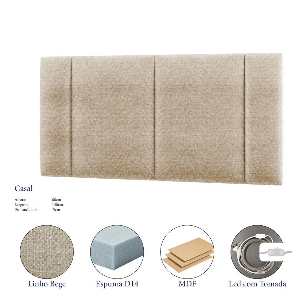 Cabeceira Painel Cama Box Casal Padrão Siri 140cm Com Led Linho Bege - Desk Design - 3