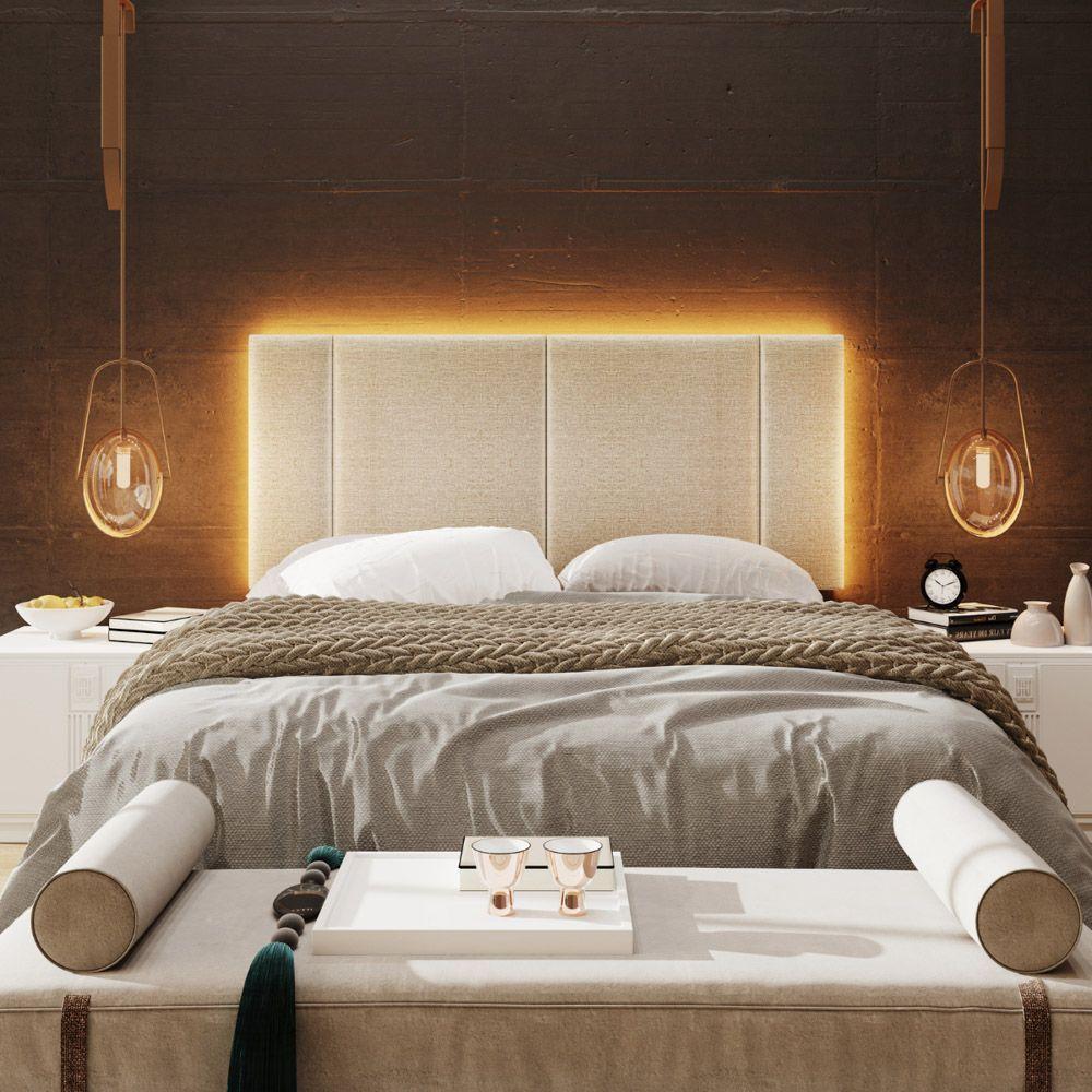 Cabeceira Painel Cama Box Casal Padrão Siri 140cm Com Led Linho Bege - Desk Design - 5