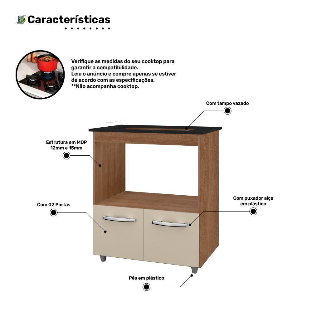 Balcão Para Cooktop Elis 75cm 02 Portas Com Tampo Recortado Savana Off White - Desk Design - 5