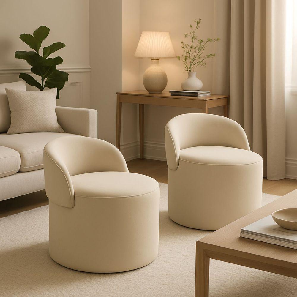 Kit 2 Puff Encosto Suede Redondo Sala Banco Orgânico Quarto Bege - 1