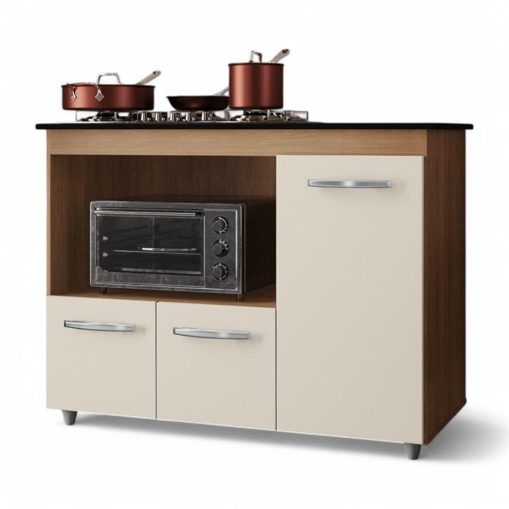 Balcão Para Cooktop Anna 114cm 03 Portas Com Tampo Recortado Savana Off White - Desk Design - 1