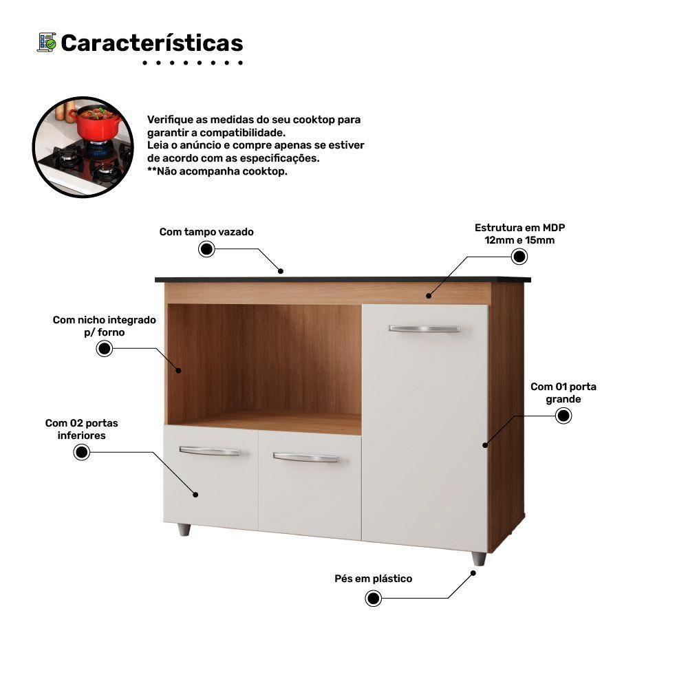 Balcão Para Cooktop Anna 114cm 03 Portas Com Tampo Recortado Savana Off White - Desk Design - 4