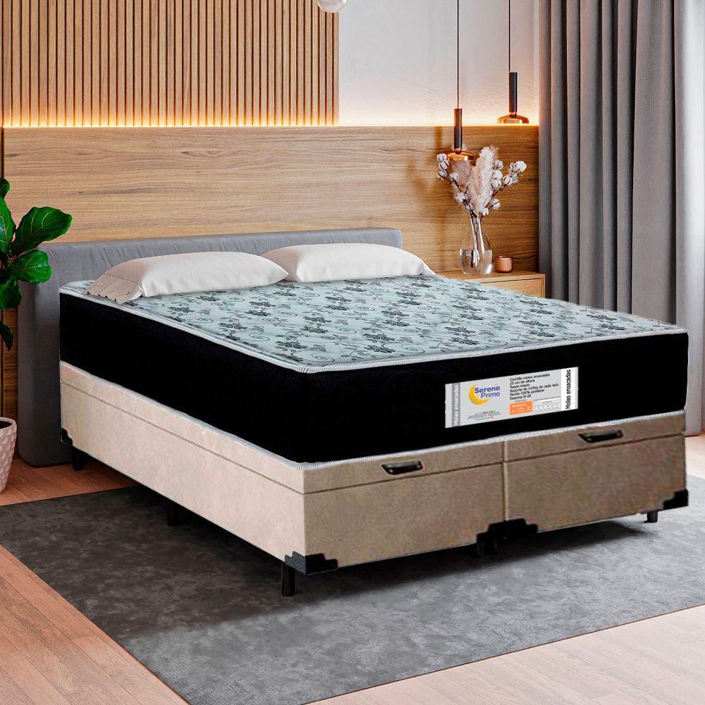 Cama Box Baú Casal Bipartido Suede + Colchão Molas Ensacadas Sereneprime Sonnolux - 138cm Bege - 2