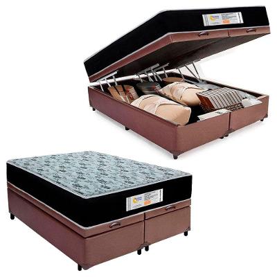Cama Box Baú Casal Bipartido Sintético + Colchão Molas Ensacadas Sereneprime Sonnolux 138x188x69 Marrom