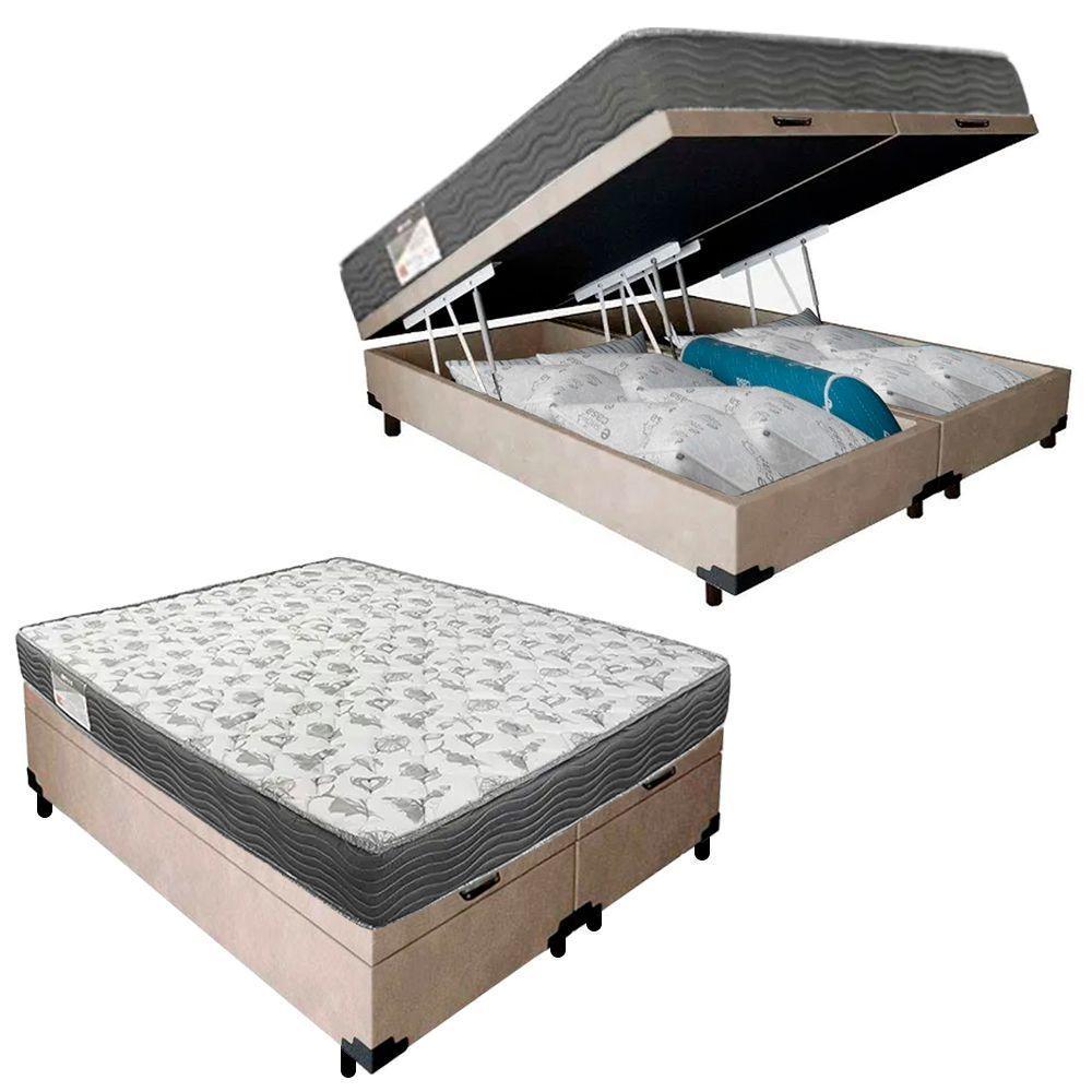 Cama Box Baú Casal Bipartido Suede + Colchão De Espuma D33 - Sereneprime - 138cm Bege - 1