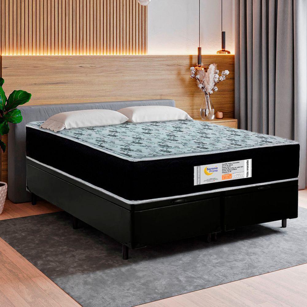 Cama Box Baú Casal Bipartido Sintético + Colchão Molas Ensacadas Sereneprime Sonnolux - 138cm Preto - 2