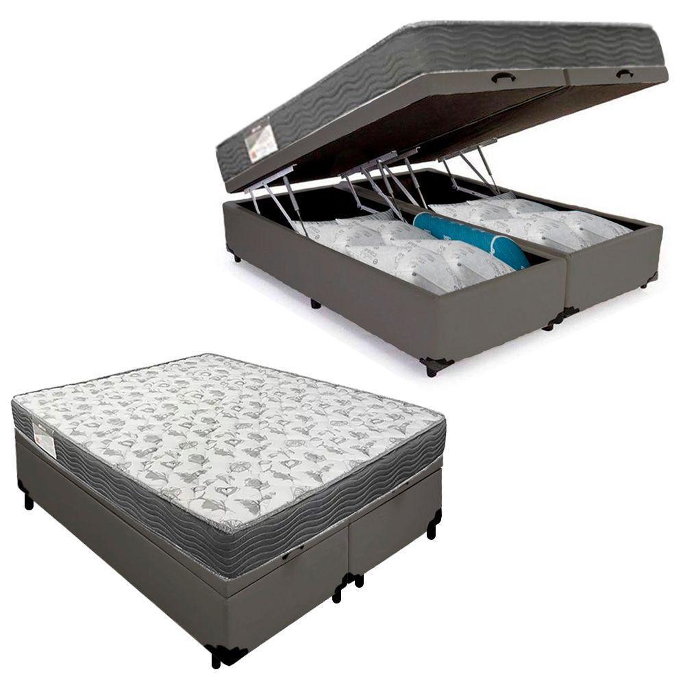 Cama Box Baú Casal Bipartido Sintético + Colchão De Espuma D33 - Sereneprime - 138cm Cinza - 1