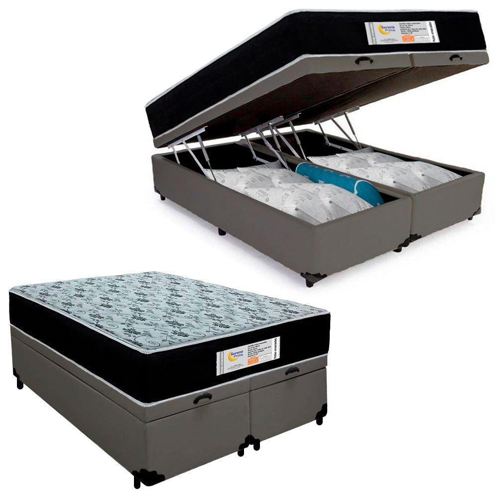 Cama Box Baú Casal Bipartido Sintético + Colchão Molas Ensacadas Sereneprime Sonnolux - 138cm Cinza - 1