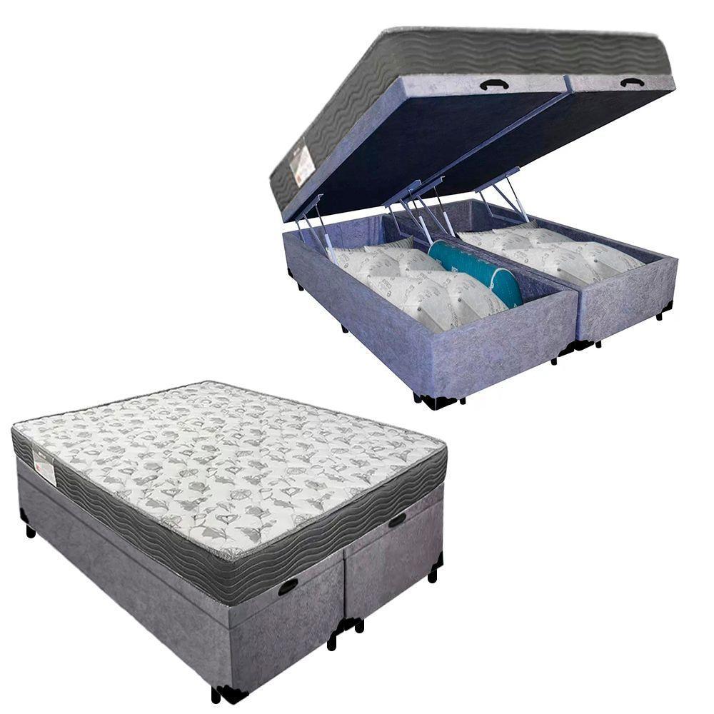 Cama Box Baú Casal Bipartido Suede + Colchão De Espuma D33 - Sereneprime - 138cm Cinza - 1