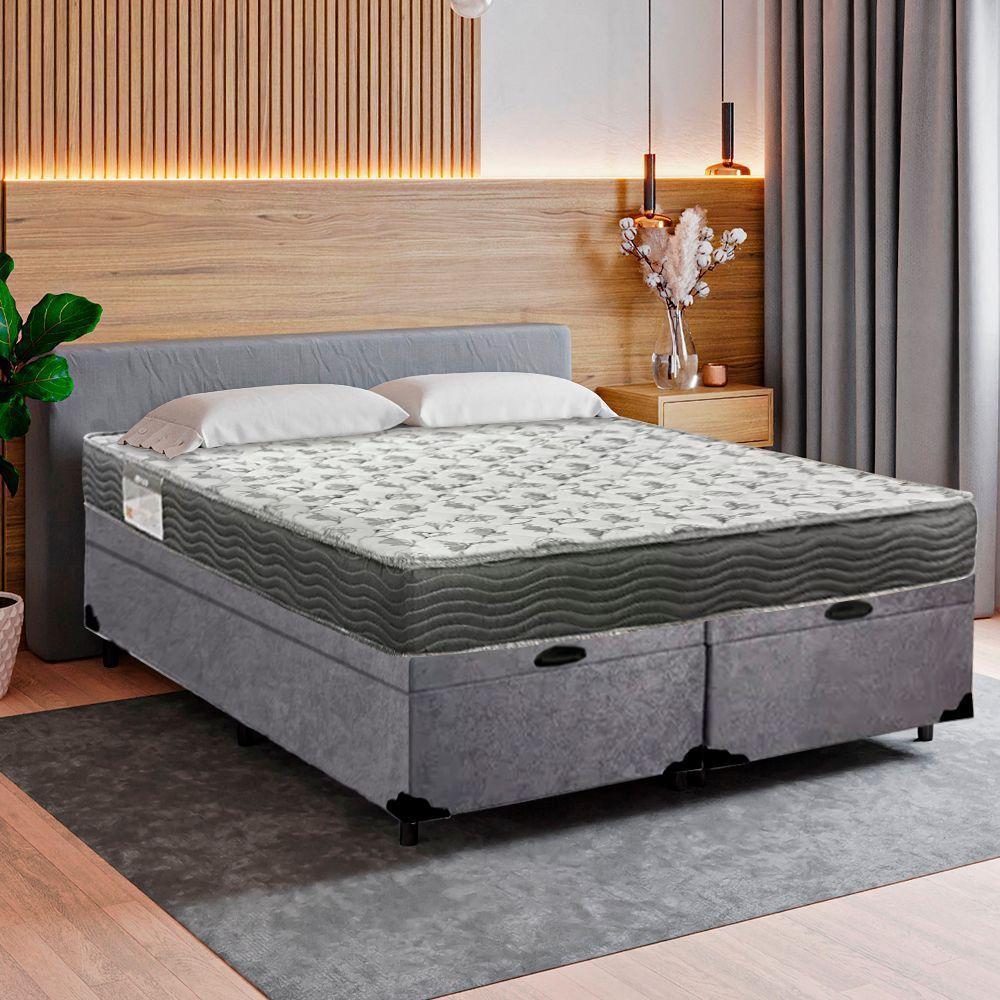 Cama Box Baú Casal Bipartido Suede + Colchão De Espuma D33 - Sereneprime - 138cm Cinza - 2