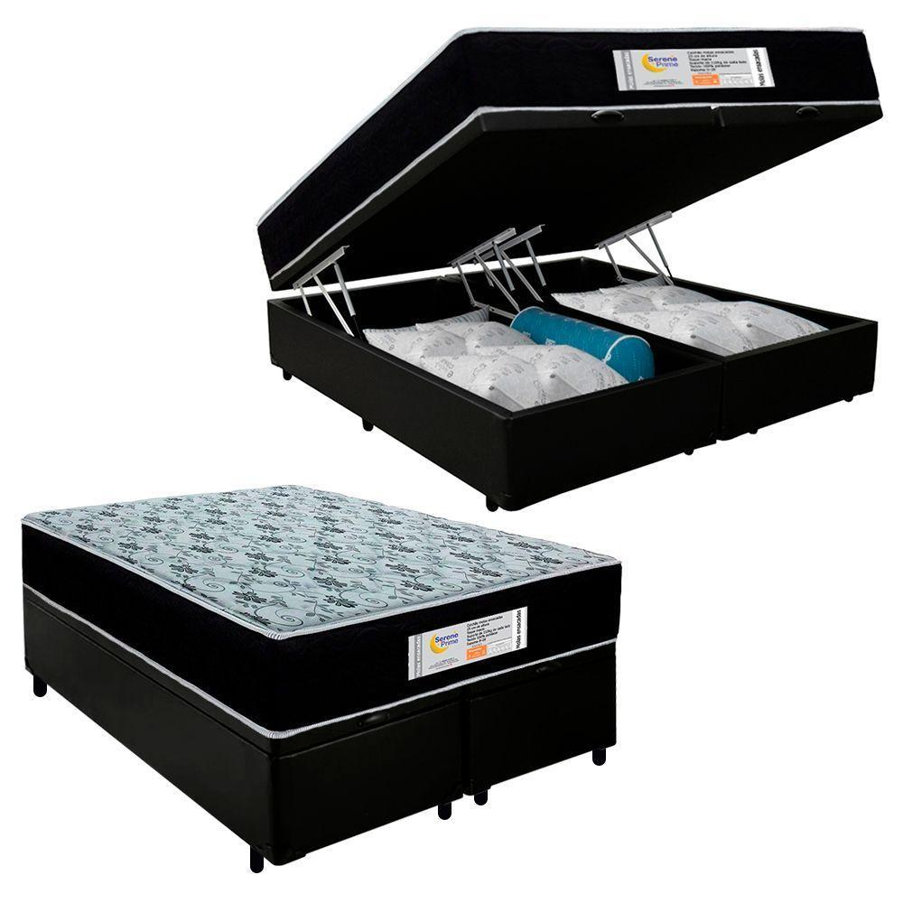 Cama Box Baú Casal Bipartido Sintético + Colchão Molas Ensacadas Sereneprime Sonnolux 138x188x69 Preto - 1