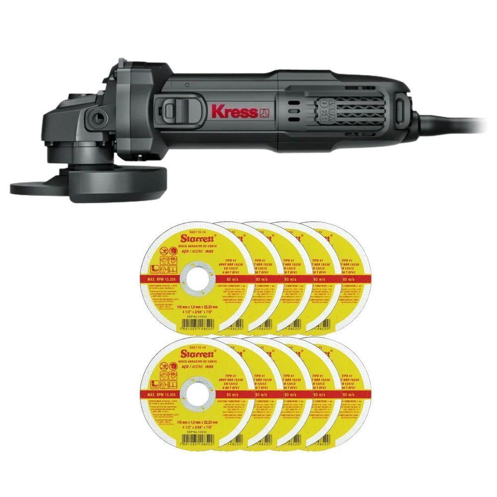 Kit Esmerilhadeira Angular 115mm 830w Kress Kus04p + 10 Unidades Disco De Corte Fino 4.1-2 Pol 115x1 - 1