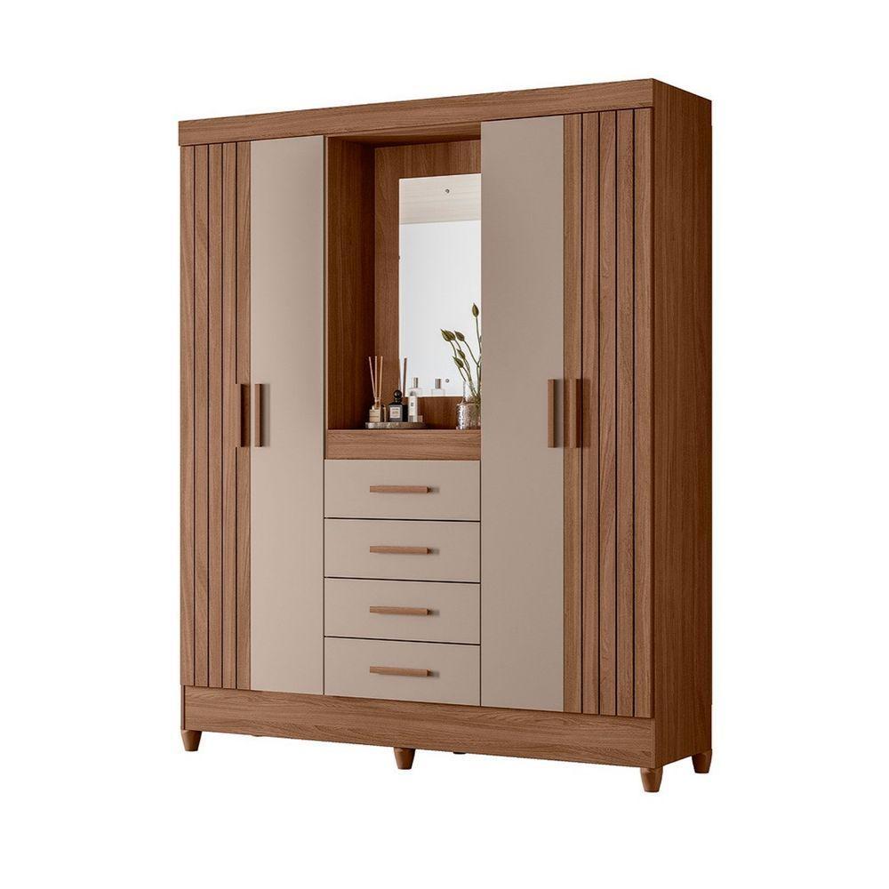 Guarda Roupa Atenas Quarto Casal 4 Portas 4 Gavetas Espelho Carvalho Com Fendi - 1