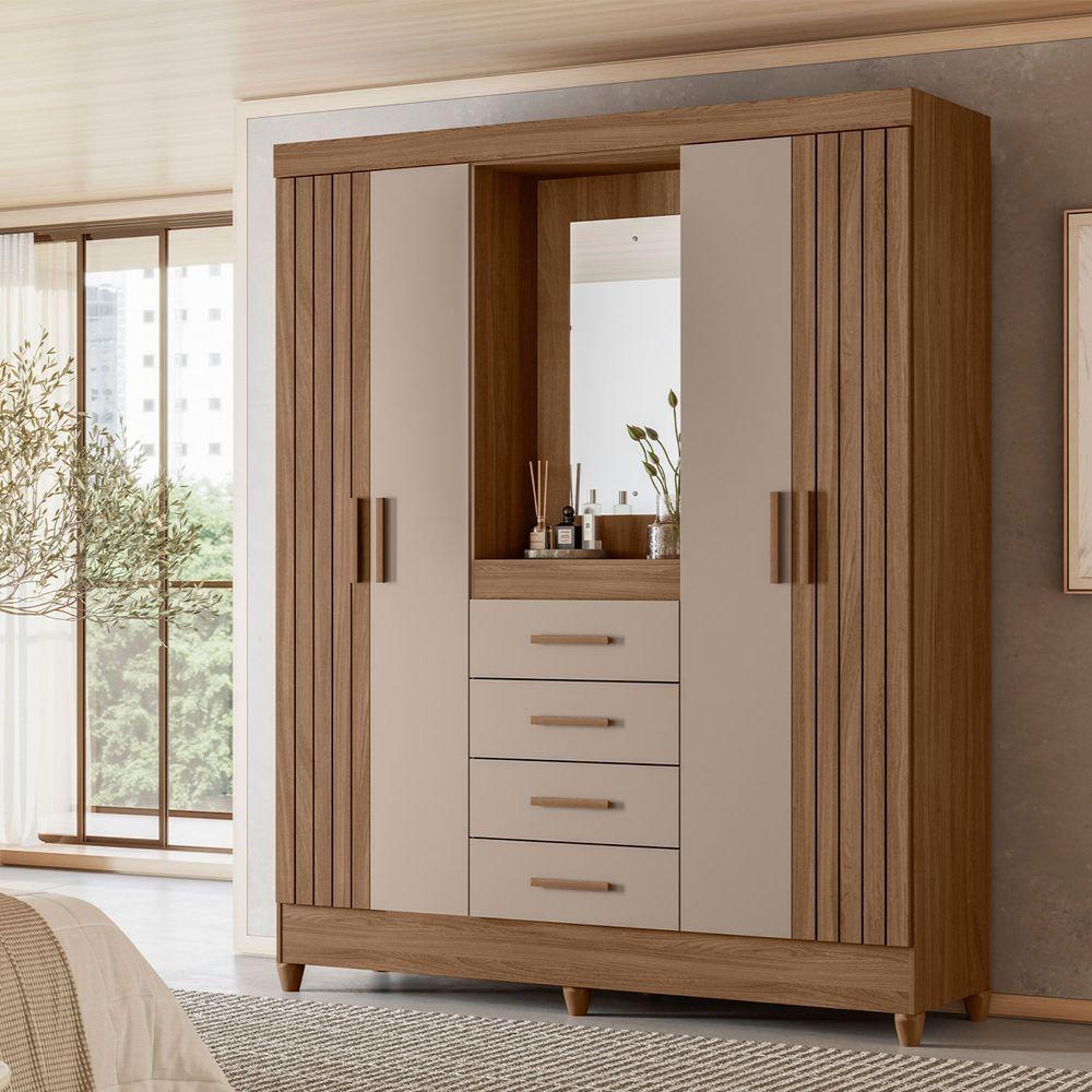 Guarda Roupa Atenas Quarto Casal 4 Portas 4 Gavetas Espelho Carvalho Com Fendi - 2
