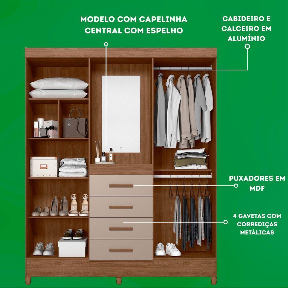 Guarda Roupa Atenas Quarto Casal 4 Portas 4 Gavetas Espelho Carvalho Com Fendi - 3