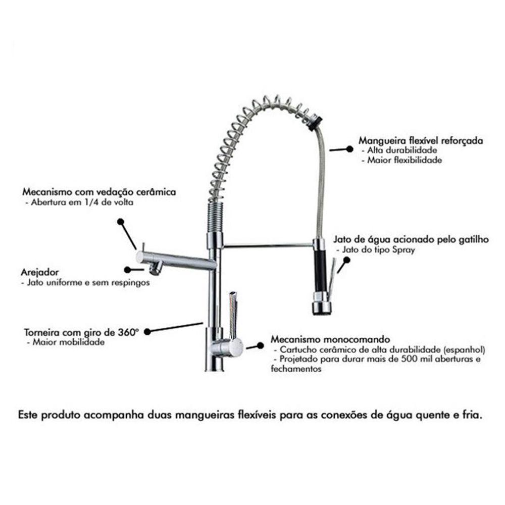 Torneira Gourmet Cozinha Monocomando Luxo Dois Jatos Misturador Agua Fria Quente Aerador Mesa Pia Bancada Sofisticada - 7