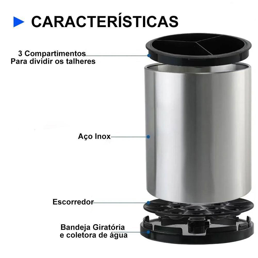 Porta Talheres Utensilios Base Giratoria Inox Bancada Cozinha Suporte Pia Mesa Organizaçao Limpeza Multiuso Resistente - 6