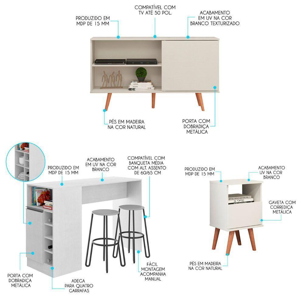 Kit Sala Integrada Rack Mesa Lateral Bancada 3pç Menu Móveis Branco - 2