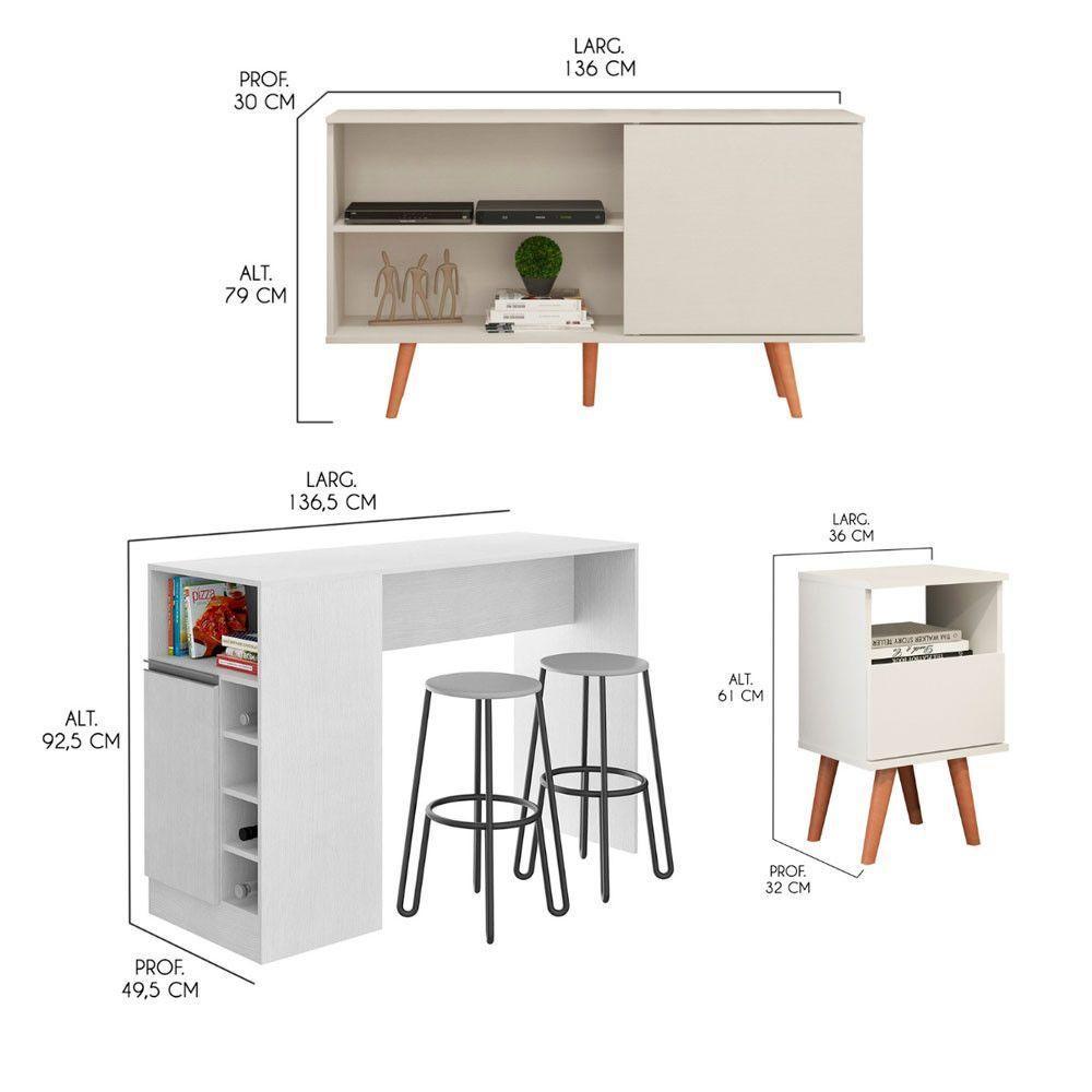 Kit Sala Integrada Rack Mesa Lateral Bancada 3pç Menu Móveis Branco - 3