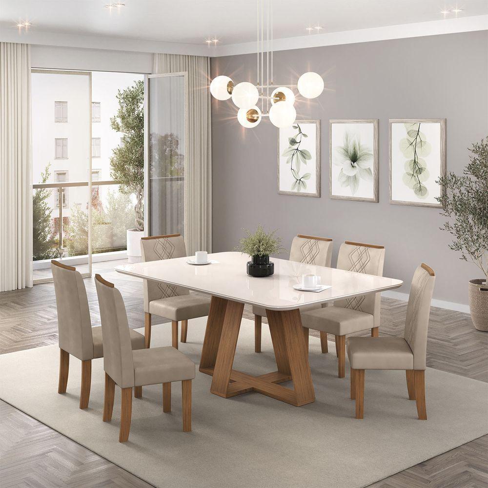 Mesa De Jantar Kiara Tampo Chanfrado Curvo Madeira E Vidro Pintado Freijó Com Off White - 2