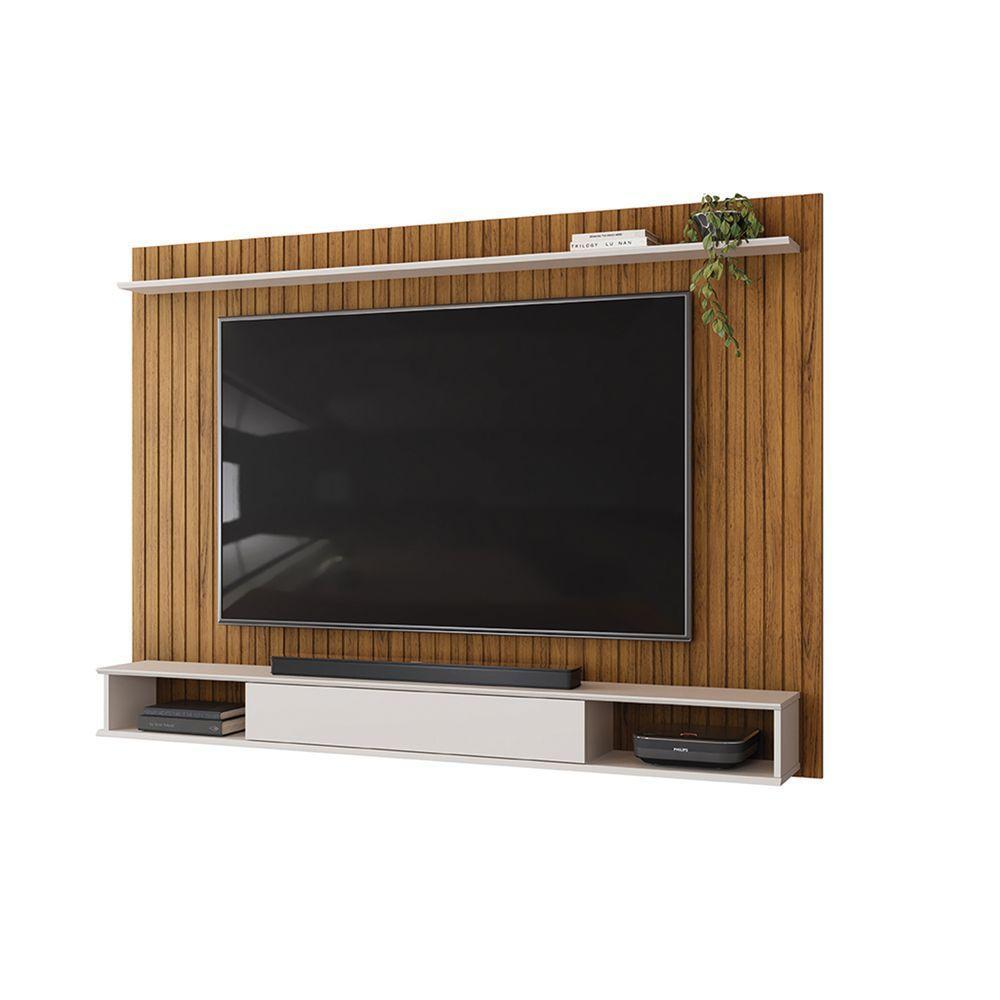 Painel Rio Com Ripas E Prateleira Freijó Com Off White - 1