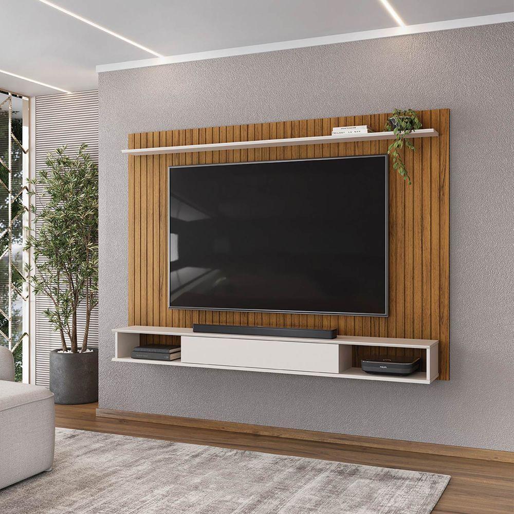 Painel Rio Com Ripas E Prateleira Freijó Com Off White - 2