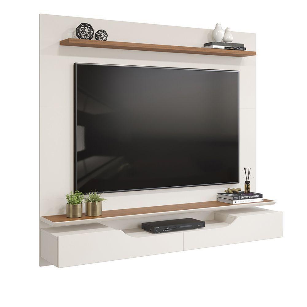 Painel Levi Com Ripas E Prateleiras Off White Com Freijó - 1