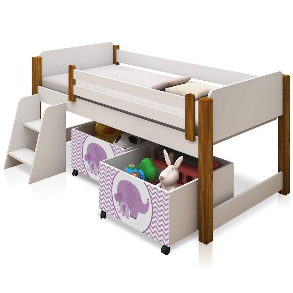 Cama Juvenil Branco Com Mel Com Baú Adesivado Lilas - 4