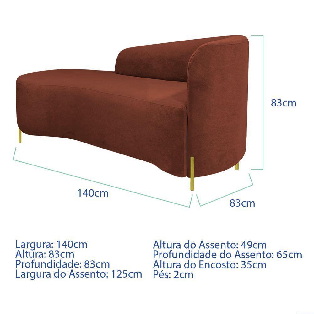 Divã Recamier Orgânico França 140cm Lado Esq Pés Metal Dourado Bouclé Terracota - 6