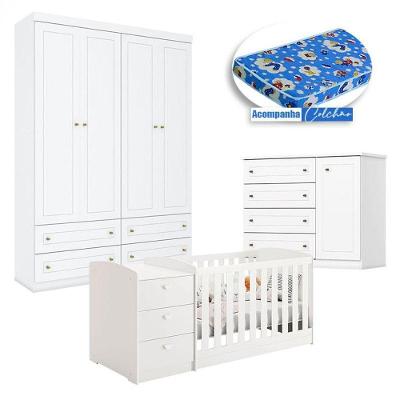 Quarto Infantil Mississipi 4 Portas E Berço Multifuncional Atlanta Branco Fosco Com Colchão Ortobom - Reller