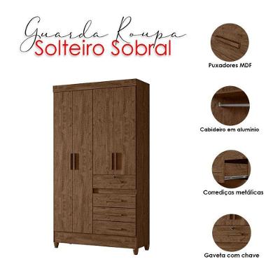 Guarda Roupa Solteiro e Cômoda Sobral Ms913 4 Portas 4 Gavetas em MDP Castanho Wood Fosco