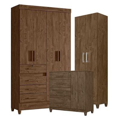 Guarda Roupa Solteiro Sobral 4 Portas Giratórias 4 Gavetas MDP com Cômoda e Armário Castanho Wood