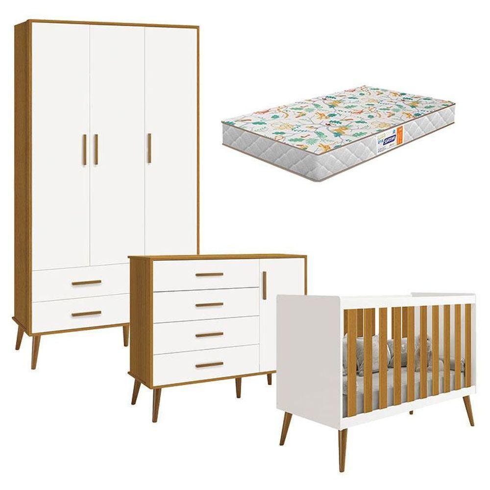 Quarto De Bebê Isis 3 Portas Branco Acetinado Savana Com Colchão Gazin - Reller - 1